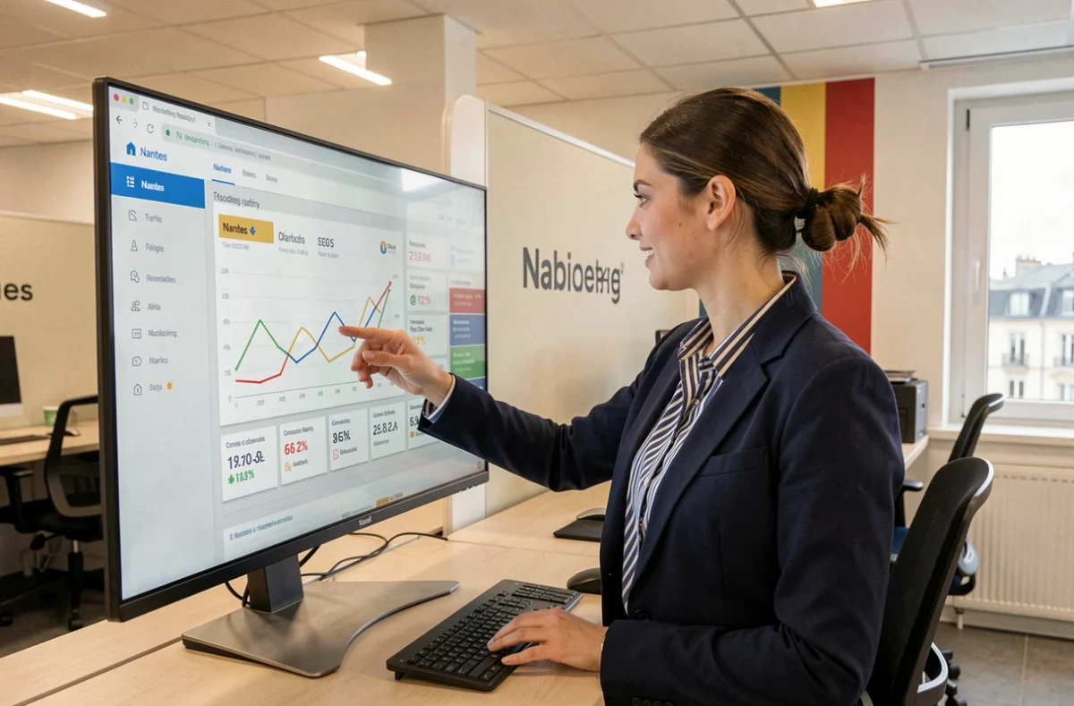 Spécialiste en webmarketing d'eMax Digital analysant les performances digitales d'un client nantais sur un tableau de bord marketing dans leur agence à Nantes
