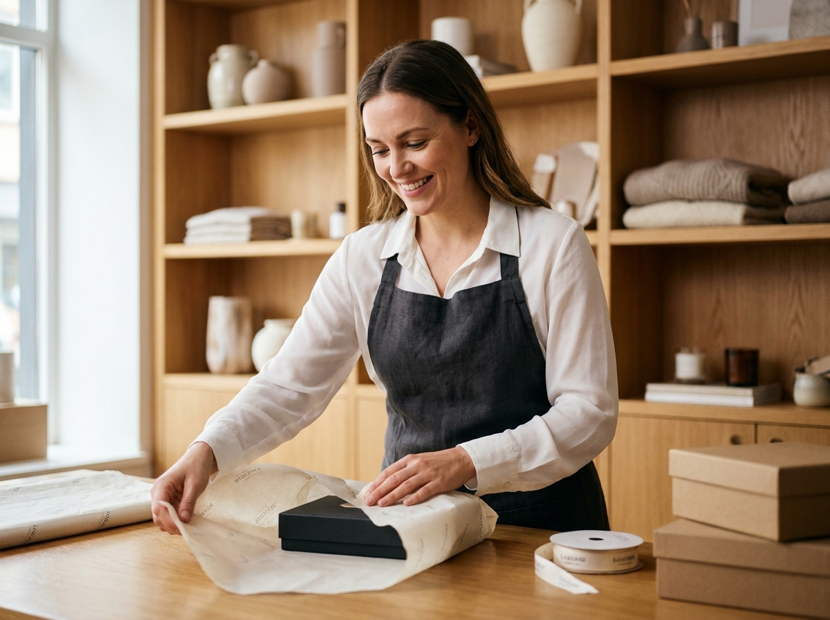 Employée de boutique emballant soigneusement un achat dans du papier de soie brandé, reflet du soin apporté à l'expérience client en magasin