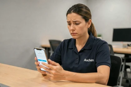 Employée Auchan cherchant son identifiant sur l'application hr4you depuis son smartphone au bureau