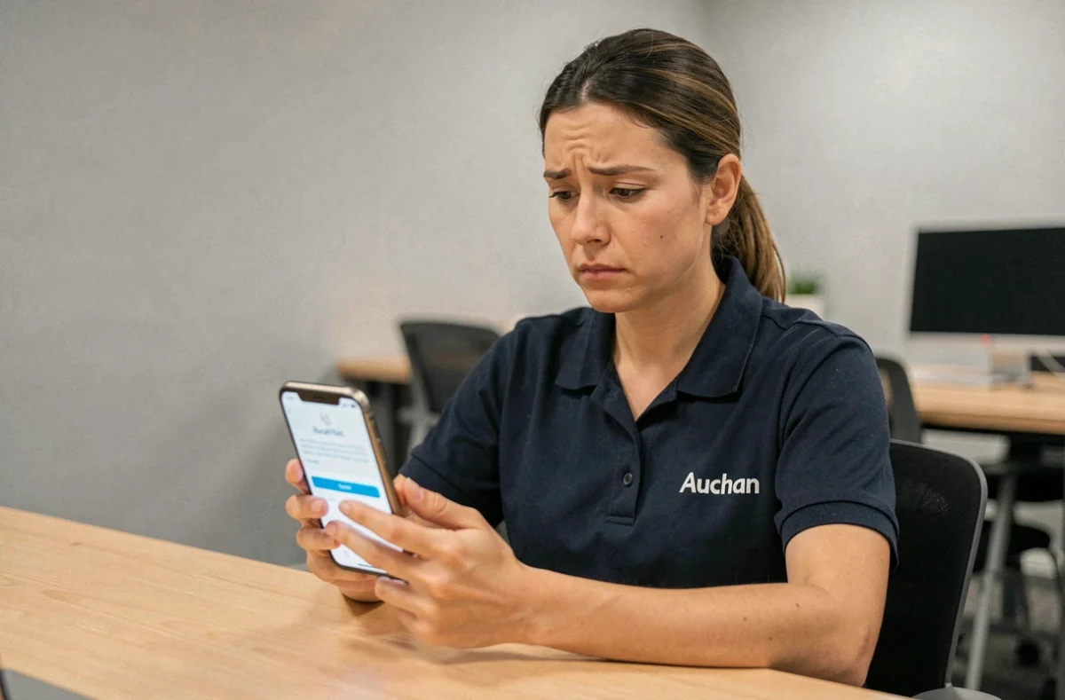 Employée Auchan cherchant son identifiant sur l'application hr4you depuis son smartphone au bureau