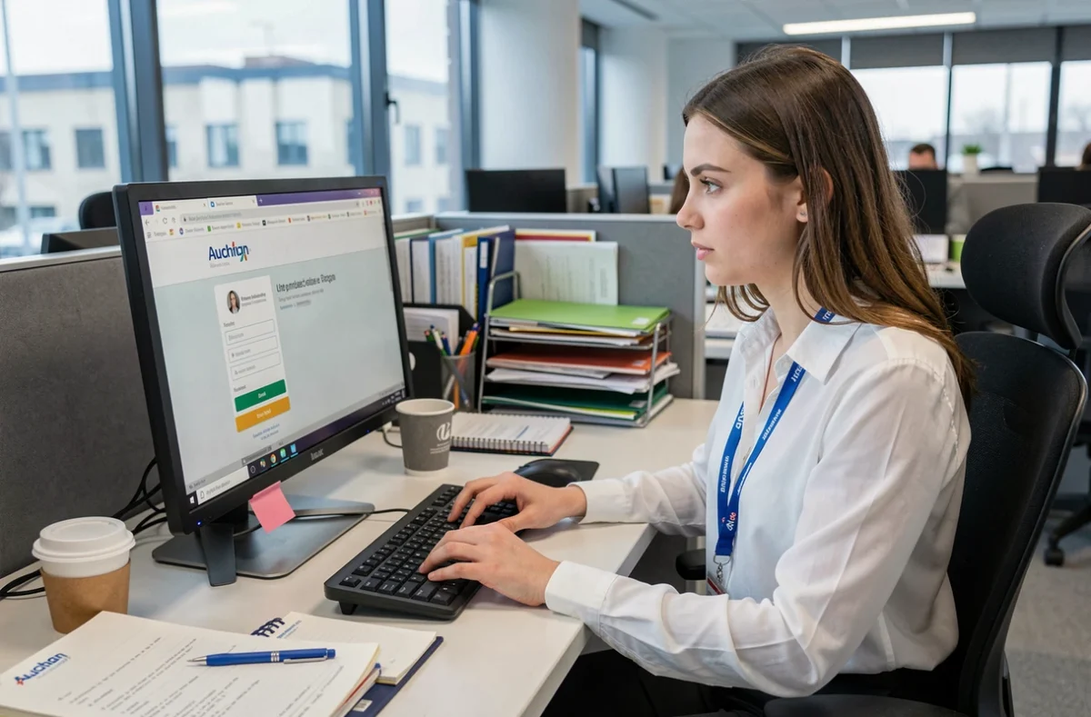 Jeune employée Auchan cherchant son identifiant hr4you sur ordinateur de bureau en open space