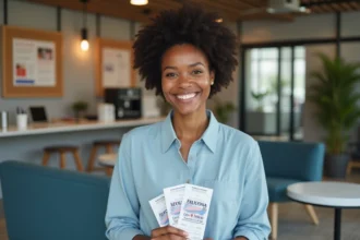 Employée Chronopost tenant des billets de spectacle financés par le CSE dans une salle de pause moderne