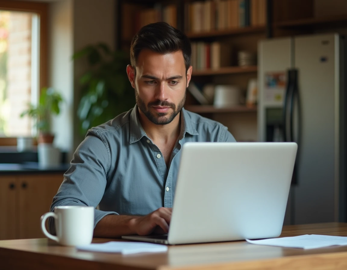 Employé MAAF explorant les avantages Cemaaf depuis son domicile sur un ordinateur portable
