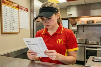 Jeune employée McDonald's en uniforme examinant sa fiche de paie avec une expression perplexe derrière le comptoir
