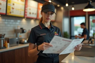 Employée McDonald's en uniforme consultant une grille de classification de la convention collective dans un restaurant