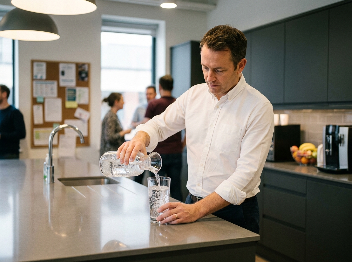 Employé versant de l'eau pétillante dans un verre dans une cuisine de bureau moderne