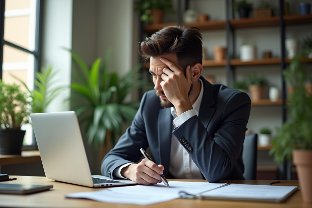 Employe inquiet rédigeant une lettre à domicile