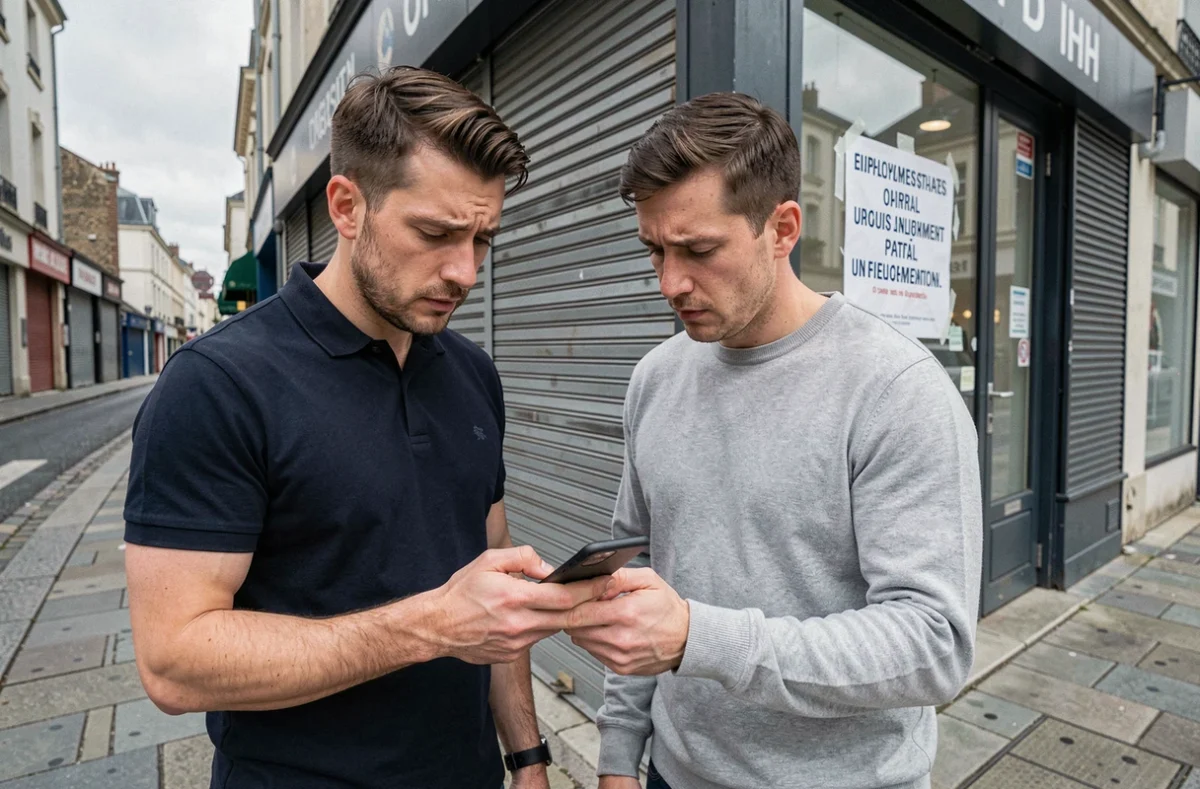 Deux employés consultant leur téléphone devant un commerce fermé administrativement en France