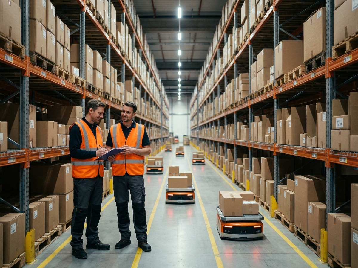Deux employés d'entrepôt supervisent des robots autonomes de logistique dans un centre de distribution automatisé, illustrant la robotisation des chaînes d'approvisionnement