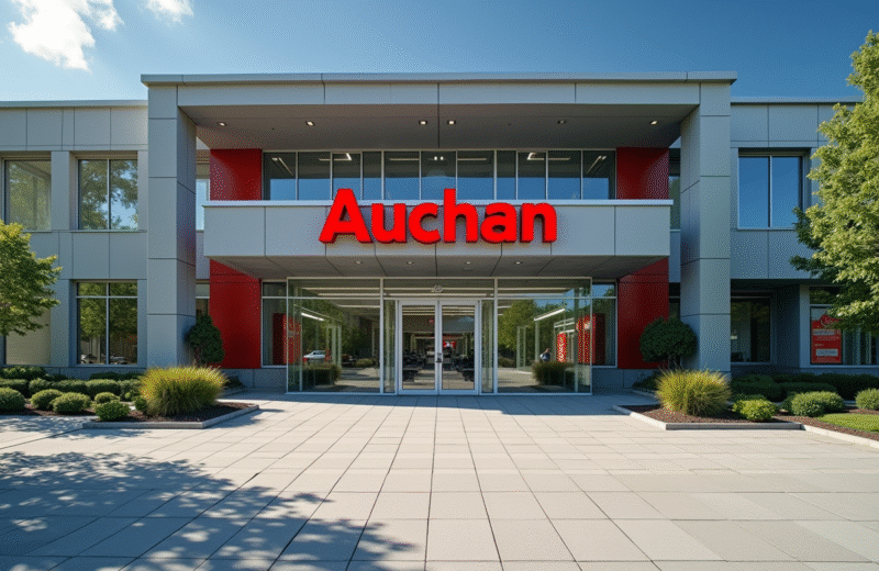 Entrée d'un immeuble moderne avec logo Auchan en évidence