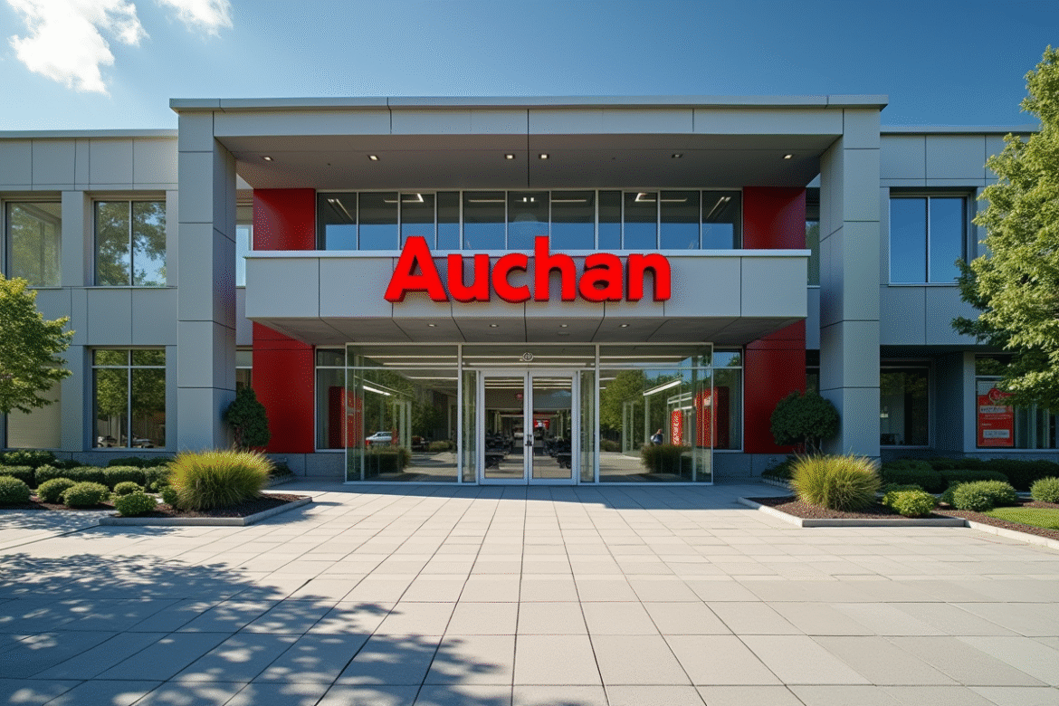 Entrée d'un immeuble moderne avec logo Auchan en évidence