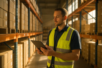 Gestionnaire d'entrepot utilisant une tablette pour vérifier le stock