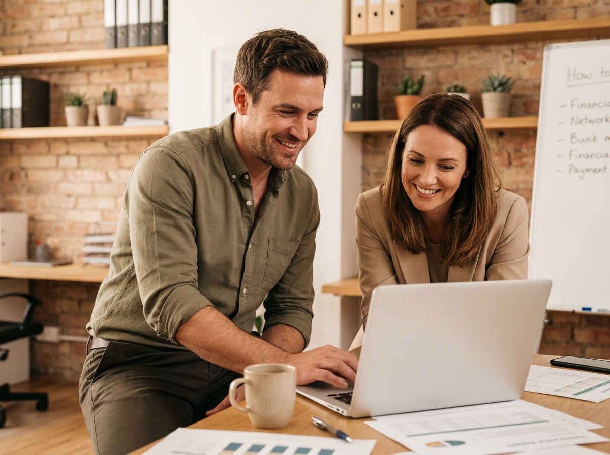 Un entrepreneur et sa comptable examinent ensemble des données financières sur un ordinateur portable dans un espace de travail chaleureux, symbole d'un vrai partenariat comptable