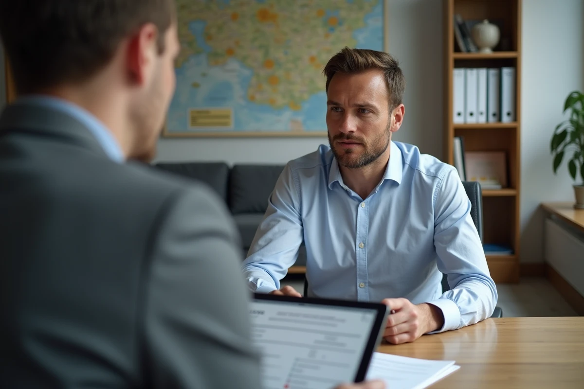 Entrepreneur masculin en réunion avec un conseiller régional pour obtenir des aides à la création d'entreprise en France