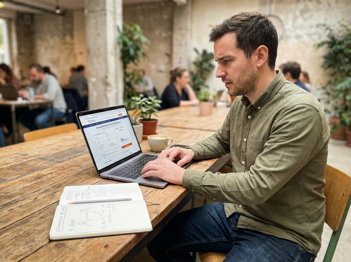 Jeune entrepreneur calculant le coût d'une annonce légale sur son ordinateur portable