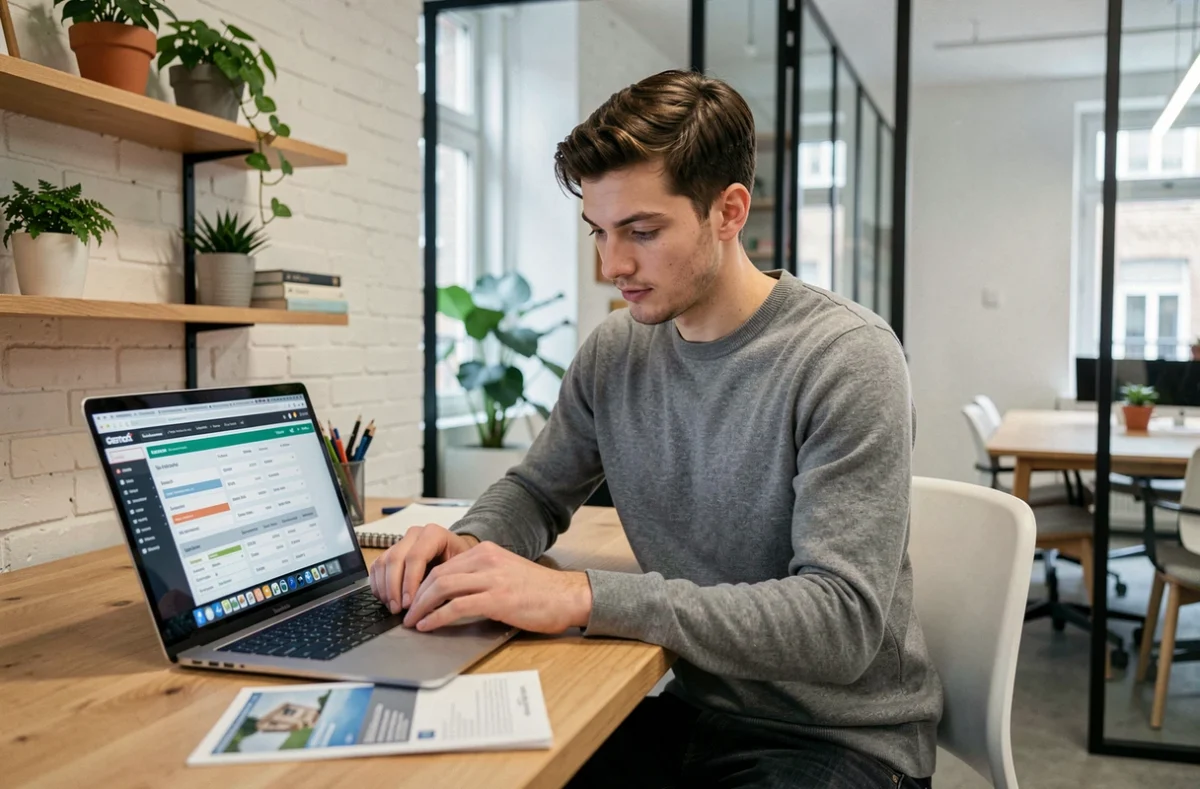 Jeune entrepreneur comparant des offres de location de bureau coworking à Paris sur ordinateur portable avec brochure immobilière