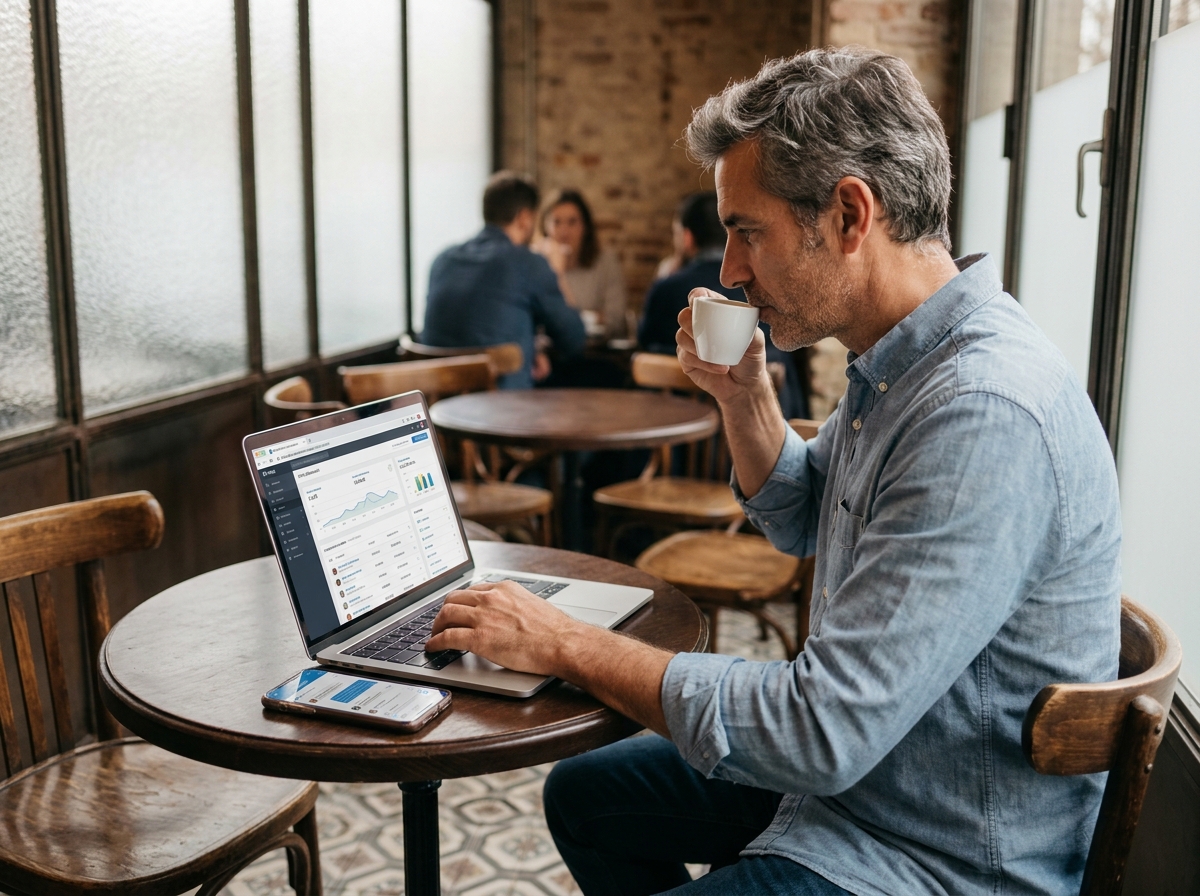 Entrepreneur indépendant gérant ses leads B2B depuis un café avec un CRM en ligne et LinkedIn sur ordinateur portable et smartphone