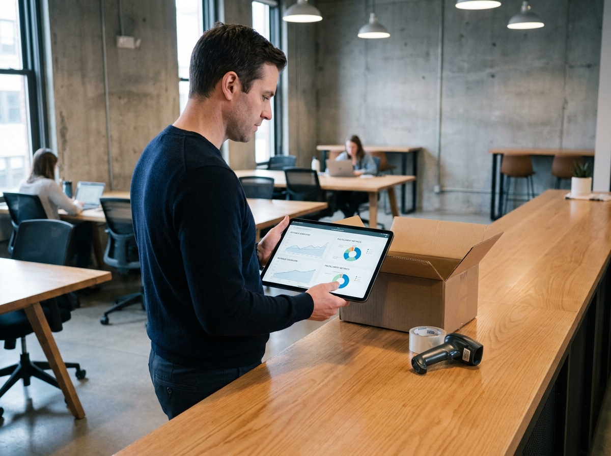 Entrepreneur consultant un logiciel de comptabilité sur tablette dans un espace de coworking avec matériel d'expédition e-commerce