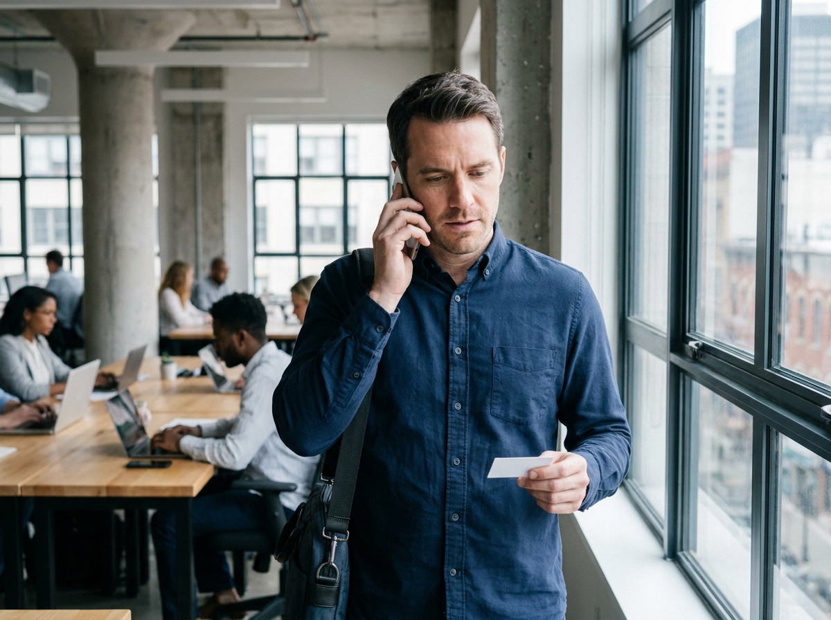 Entrepreneur passant son premier appel téléphonique professionnel avec une carte de visite à la main dans un espace de coworking moderne