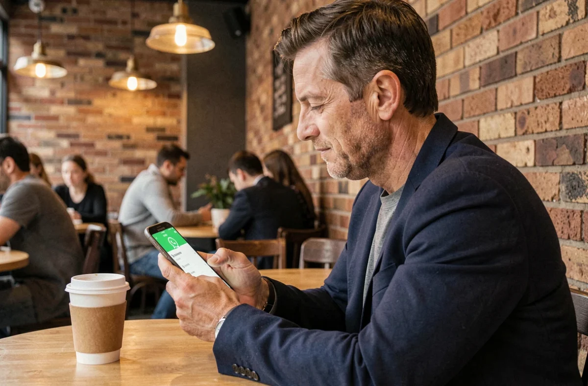 Entrepreneur configurant un profil WhatsApp Business sur smartphone dans un café urbain