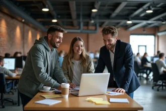 Groupe de jeunes entrepreneurs collaborant dans un open space moderne de Station F à Paris, entouré de postes de travail et d'une architecture industrielle