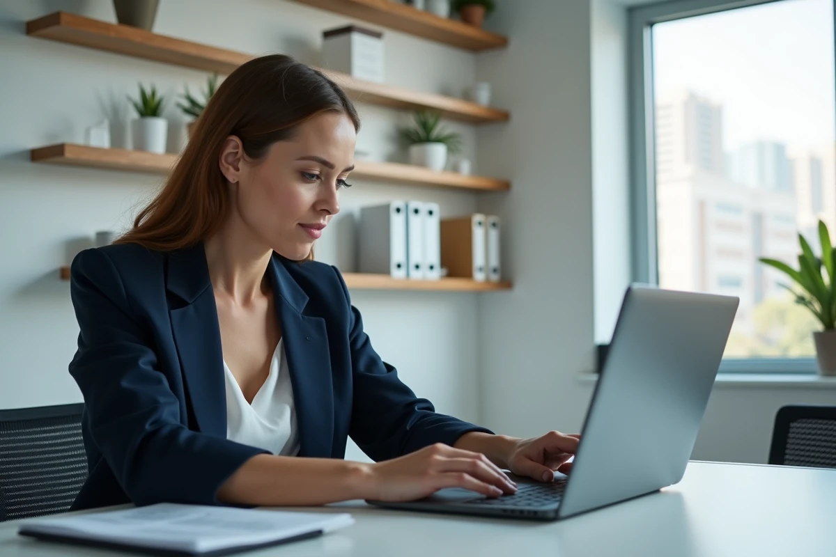 Entrepreneuse inscrivant son entreprise sur un annuaire professionnel en ligne depuis son bureau moderne