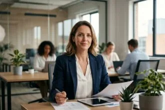 Entrepreneuse confiante travaillant dans un bureau moderne après externalisation de son standard téléphonique