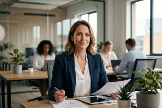 Entrepreneuse confiante travaillant dans un bureau moderne après externalisation de son standard téléphonique