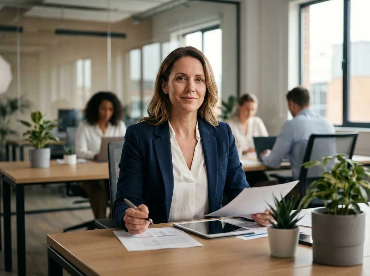 Entrepreneuse confiante travaillant dans un bureau moderne après externalisation de son standard téléphonique