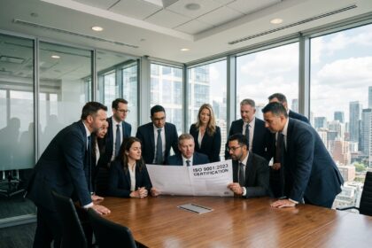 Groupe de professionnels en réunion autour d'un document de certification