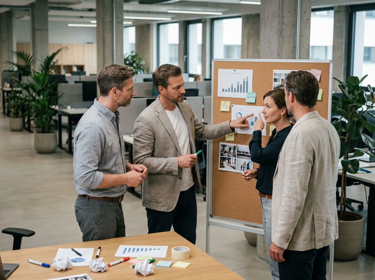Équipe de professionnels analysant des supports de campagne dans un bureau en open space contemporain