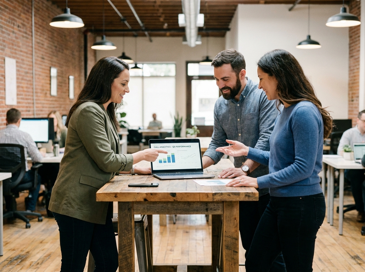 Équipe de petite entreprise analysant les performances d'un standard téléphonique externalisé dans un espace de coworking