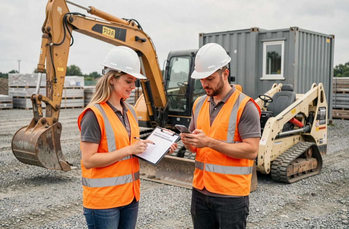 Deux ouvriers sur chantier consultant une liste de location de matériel devant des engins de construction, gilets orange et casques blancs
