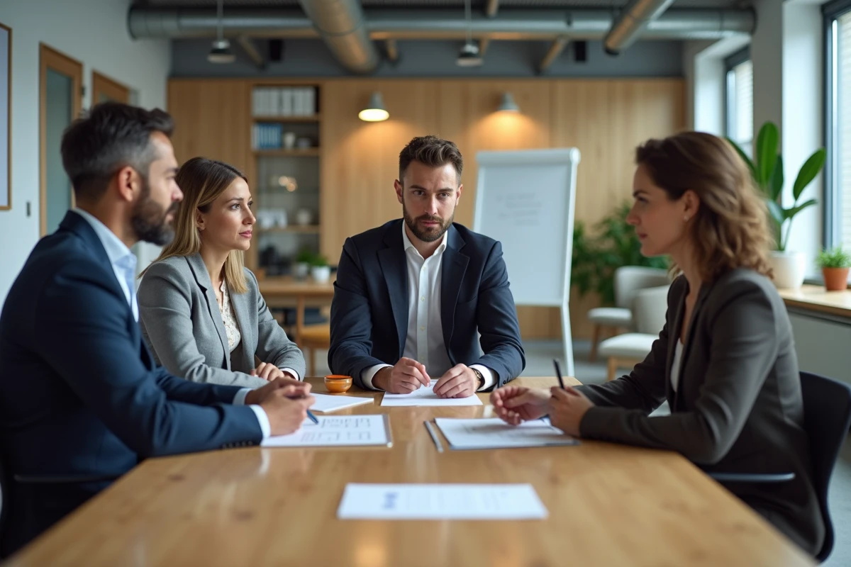 Trois professionnels en réunion dans un bureau ouvert et dynamique