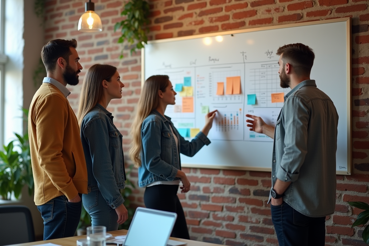 Groupe de quatre personnes discutant devant un tableau blanc