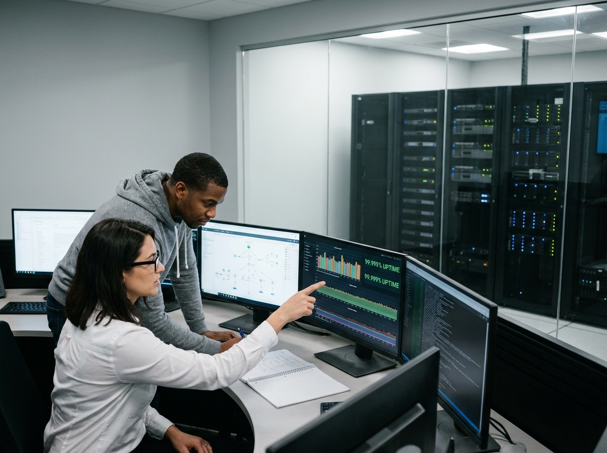 Équipe informatique gérant des serveurs depuis un centre d'opérations réseau en colocation datacenter