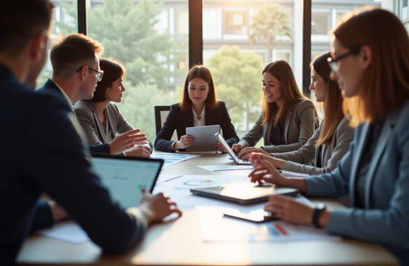 Groupe de professionnels discutant stratégies marketing