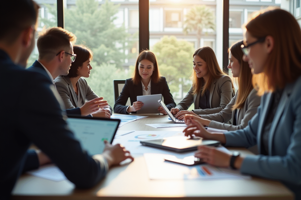 Groupe de professionnels discutant stratégies marketing