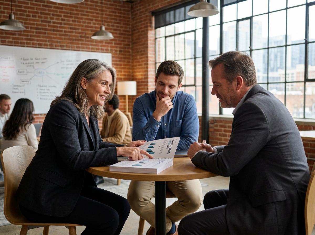 Trio de professionnels dont un expert-comptable en discussion stratégique autour d'une table dans un espace de co-working