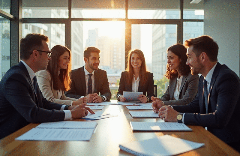 Groupe divers de professionnels en réunion dans un bureau lumineux