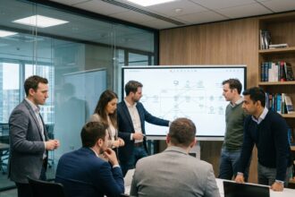 Groupe de professionnels IT en réunion avec diagramme réseau