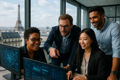 Groupe de professionnels modernes dans un bureau parisien