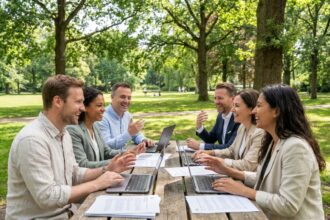 Équipe de professionnels en réunion informelle autour d'une table en bois dans un parc, échangeant avec enthousiasme lors d'un séminaire hors bureau