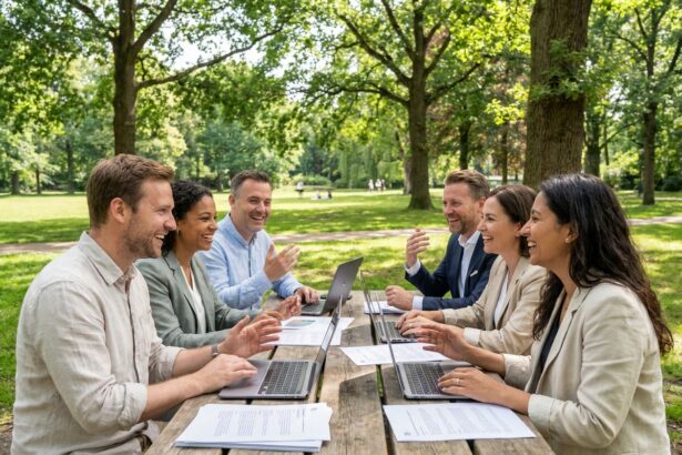 Équipe de professionnels en réunion informelle autour d'une table en bois dans un parc, échangeant avec enthousiasme lors d'un séminaire hors bureau