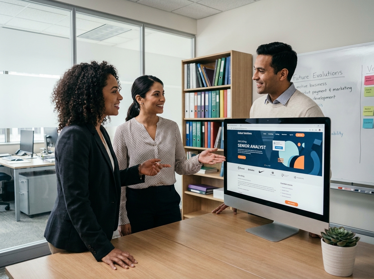 Équipe de recruteurs analysant le design et le contenu d'un site carrière sur un écran de bureau en open space