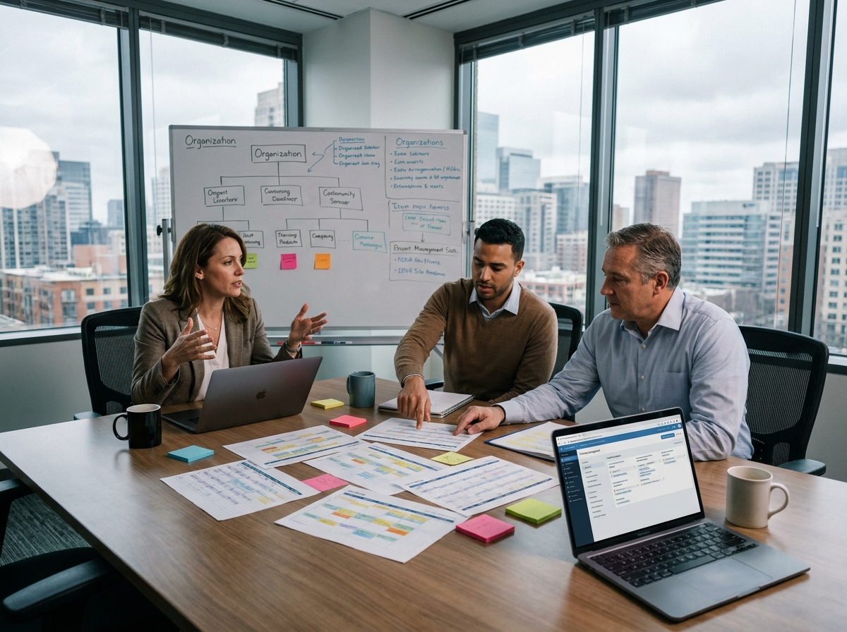 Équipe RH collaborant autour d'un plan de formation unique dans une salle de réunion d'entreprise