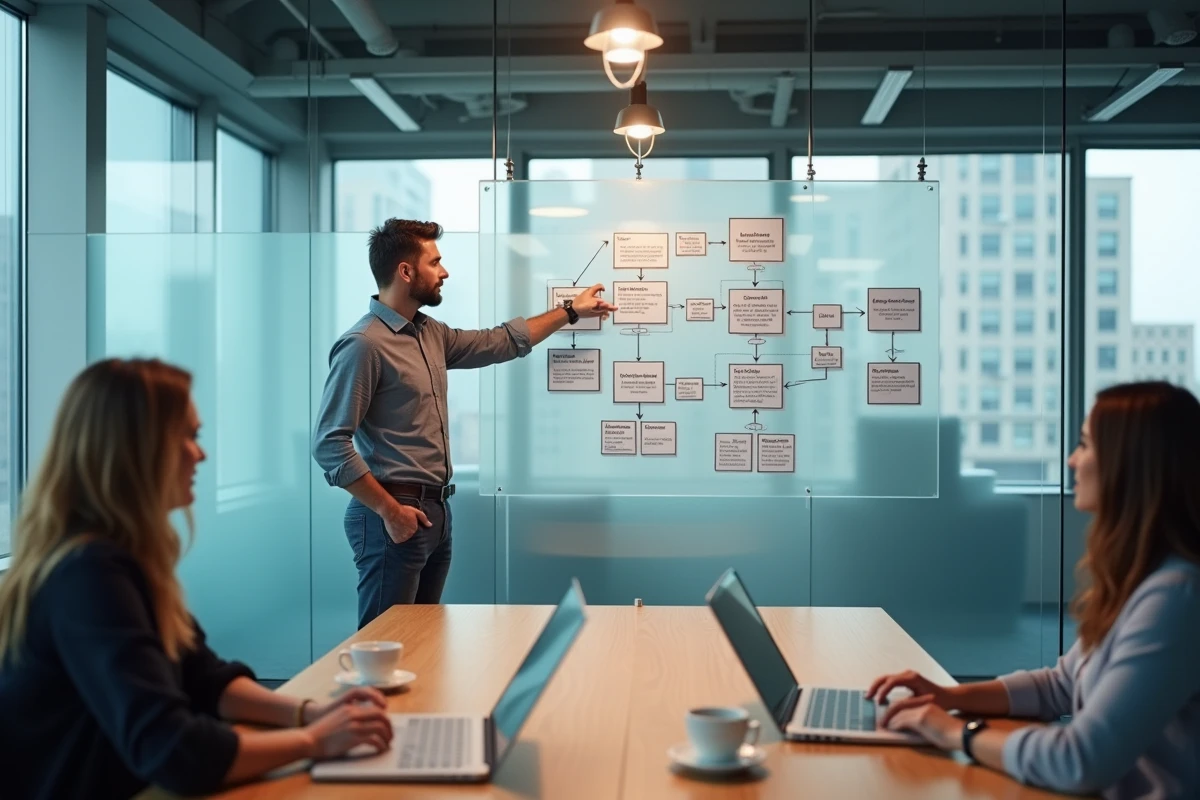 Équipe de direction planifiant une stratégie de scalabilité d'entreprise avec des outils d'automatisation marketing IA