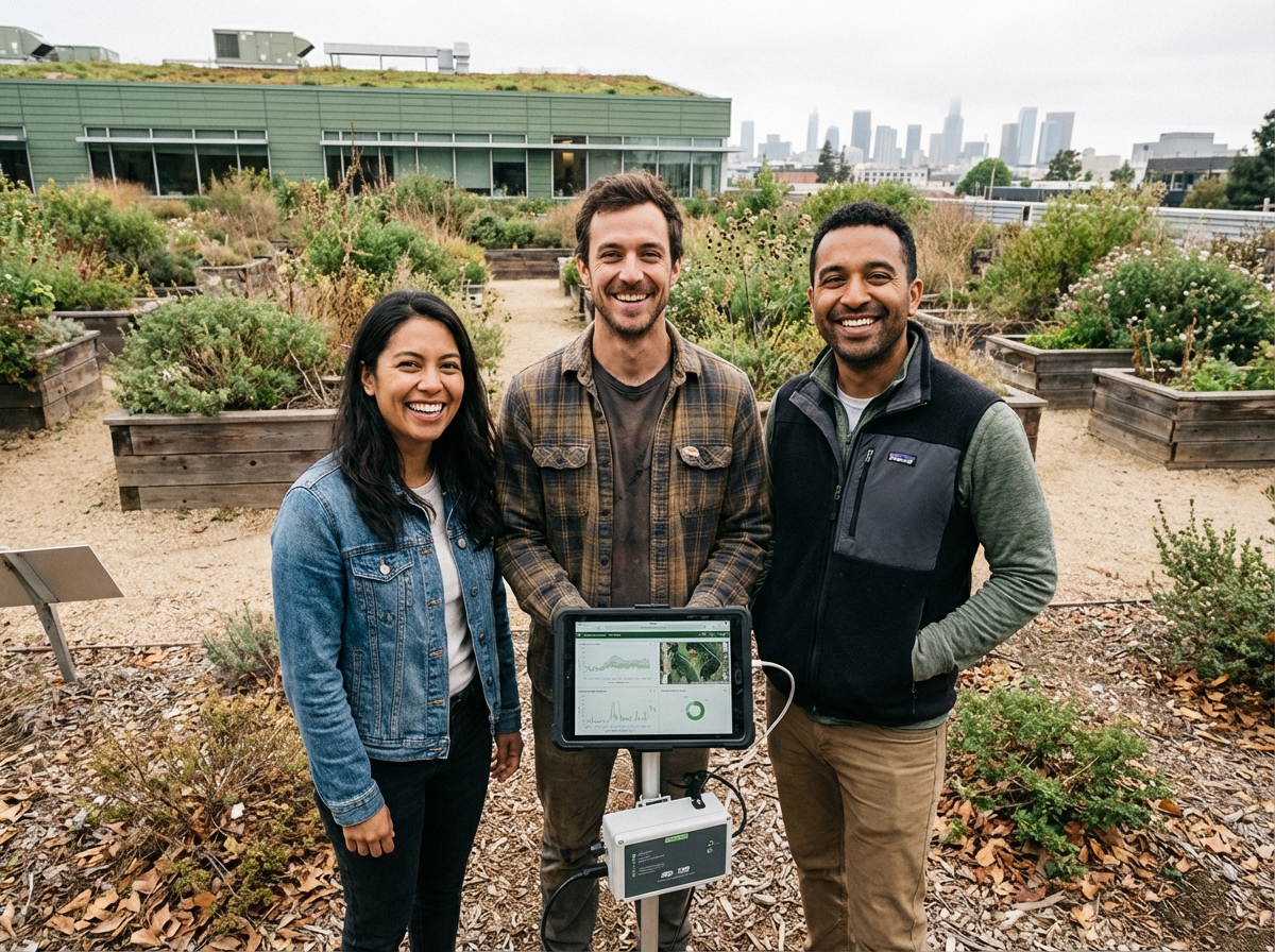 Groupe diversifié discutant autour d une station de surveillance environnementale