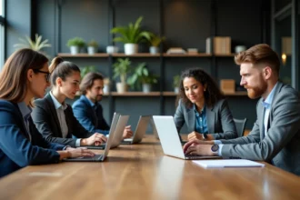 Groupe de professionnels en réunion autour d'une table moderne