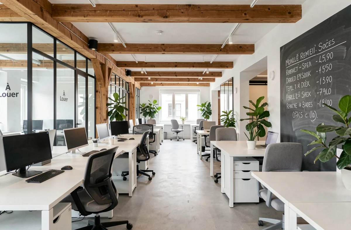 Espace de coworking moderne à Dijon avec bureaux à louer affichant les tarifs de location